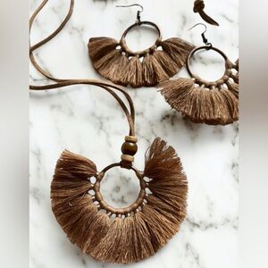Brown Tassel Necklace and Earrings Set
